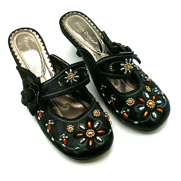 Pierre Dumas Shoes - Pierre Dumas Boho Black Beaded Kitten Heel & Rose